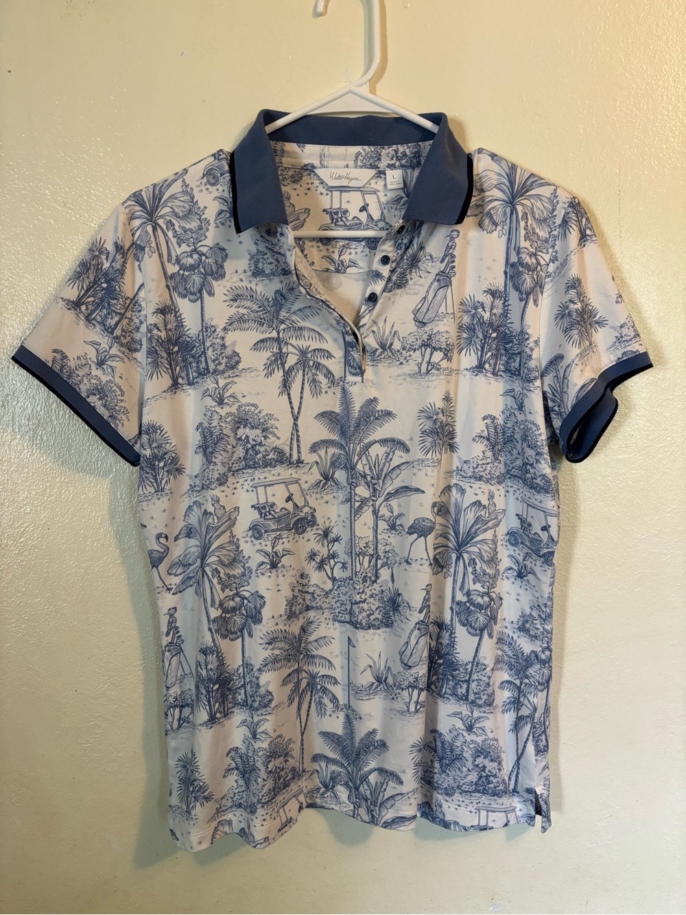 Ladies Blue Toile Print Polo Shirt - Casual Short Sleeve Golf